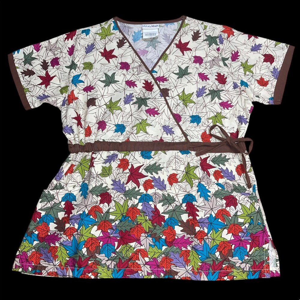 UA Brown Purple Green Fall Leaf Leaves Harvest Scrub Shirt Top Sz Large Side Tie